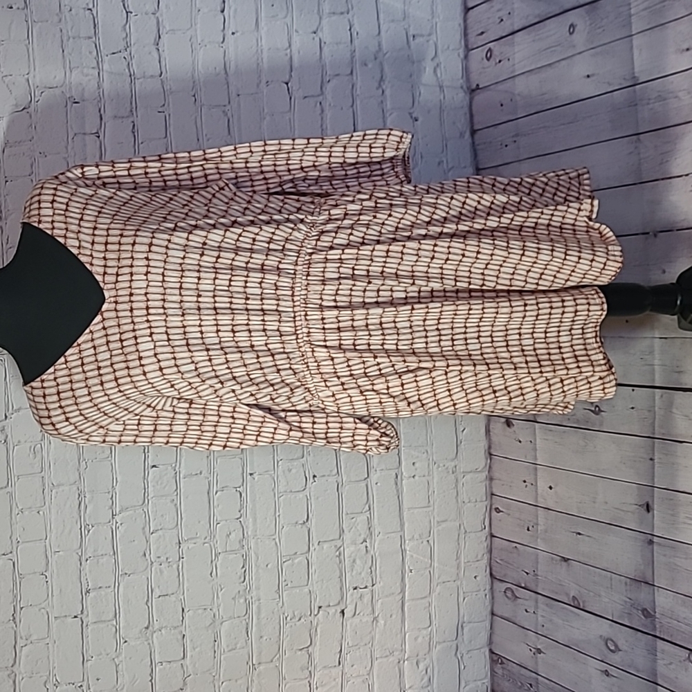 Nine West Size XL Long Sleeve Cream Brown Square Patterned Shirt Dress